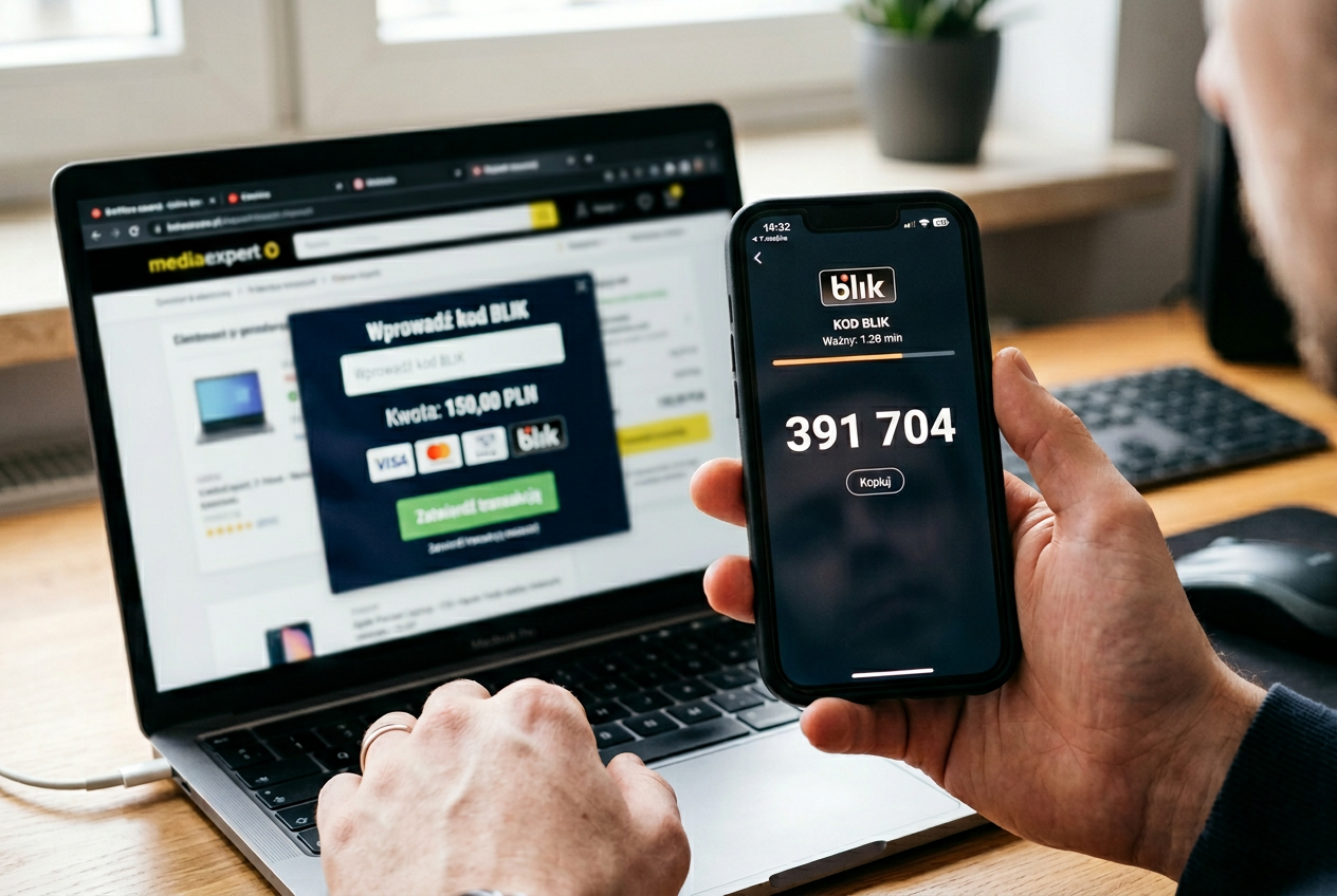 Smartfon z aplikacją bankową generującą kod BLIK na tle interfejsu kasyna