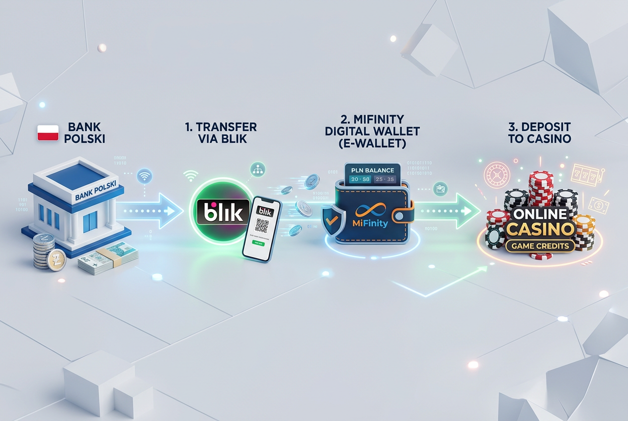 Infographic showing the flow of money from a Polish bank app to a MiFinity wallet using a BLIK code and then to an online casino