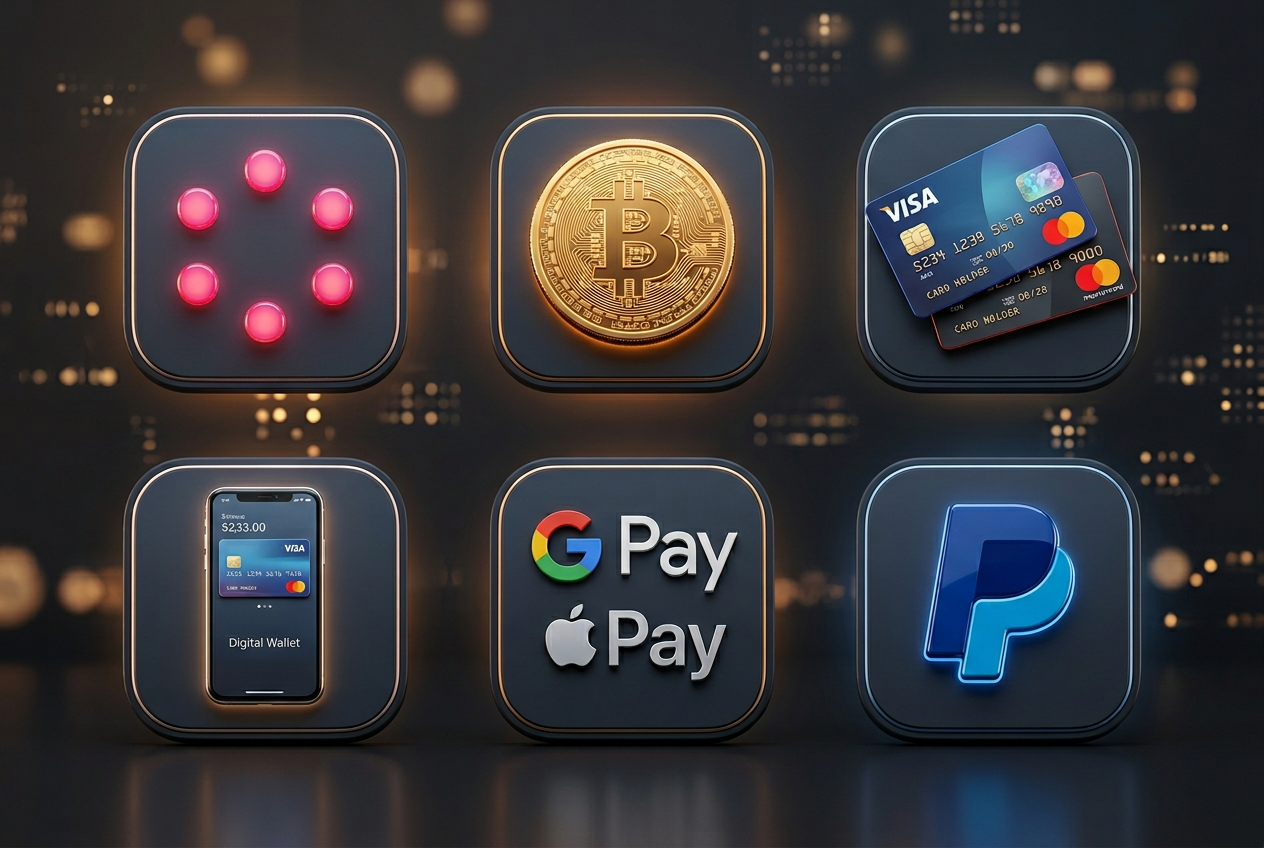 Ikony różnych metod płatności: BLIK, Bitcoin, Visa i portfele elektroniczne