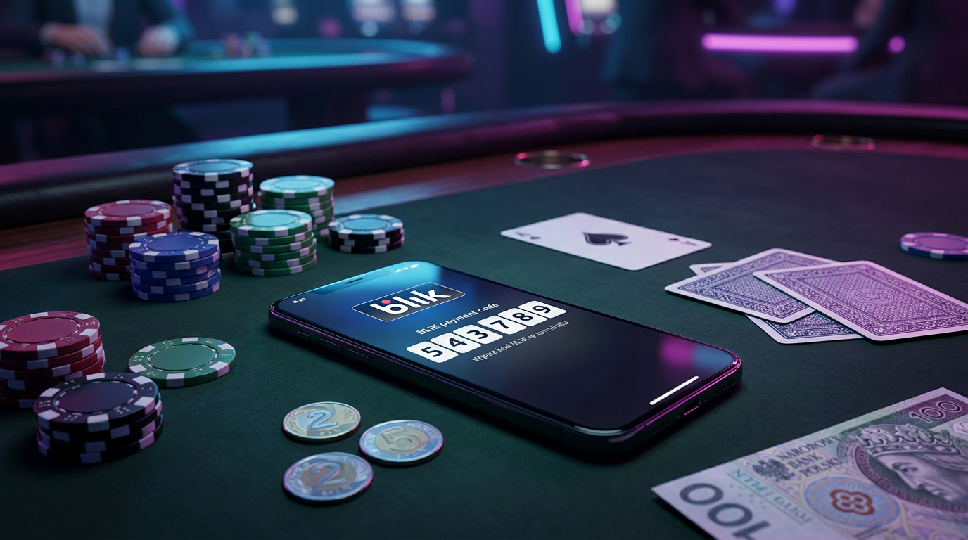 Smartfon z aplikacją BLIK na stole kasynowym obok żetonów i kart